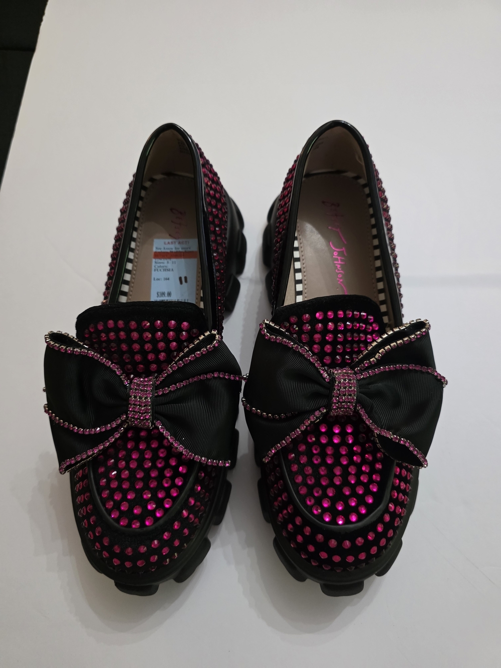 Betsey Johnson Black Loafers with Hot Pink Crystal Bow Accents